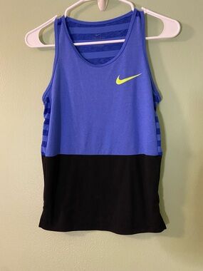 Nike Blue and Black Colorblock Dri-FIT Tank with Neon Swoosh